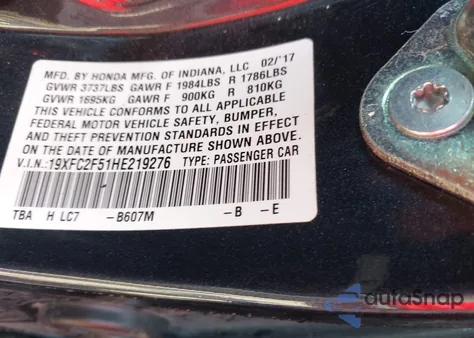 2017 Honda Civic Lx из США, поврежденный, VIN 19XFC2F51HE219276